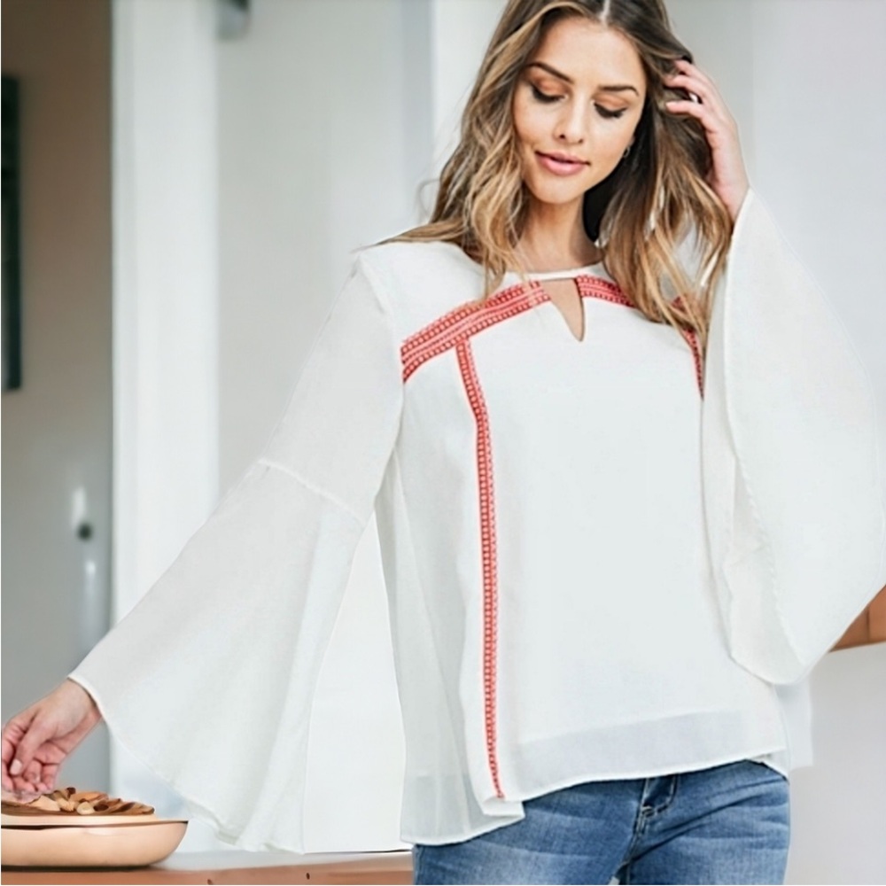 Elegant White Blouse with Red Accents